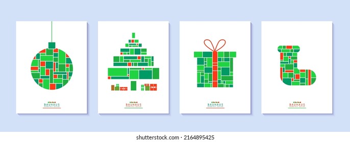 Set of Christmas posters in bauhaus style. New year cards collection in red and green colour geometric shapes. Bright Christmas tree, ball, gift box and sock with mosaic grid. Vector retro flyers.
