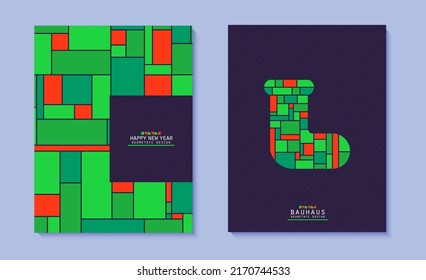 Set of Christmas posters in bauhaus style. Bright Christmas sock on black background and mosaic grid pattern. New year cards collection in red and green colour geometric shapes. Vector retro flyers
