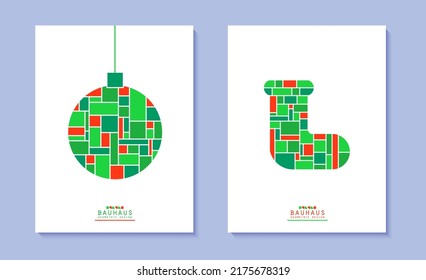 Set of Christmas posters in bauhaus style. Bright Christmas gift sock on white background and Christmas ball with mosaic grid pattern. Vector New year card in red and green colour geometric shapes.