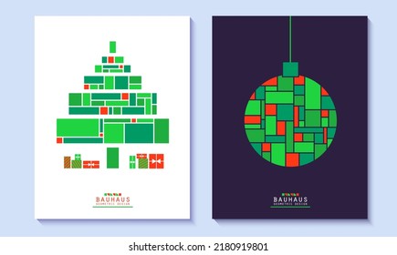Set of Christmas posters in bauhaus style. Bright Christmas ball on black background and Christmas tree with mosaic grid pattern. New year cards in red and green colour geometric shapes. Vector flyers