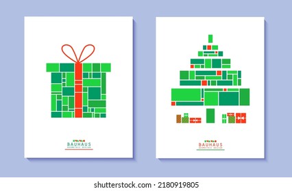 Set of Christmas posters in bauhaus style. Bright gift box on white background and Christmas tree with mosaic grid pattern. New year cards in red and green colour geometric shapes. Vector flyers.