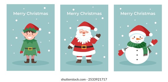 Set of Christmas posters. Christmas cards with Santa Claus, snowman and elf. Flat illustration.	