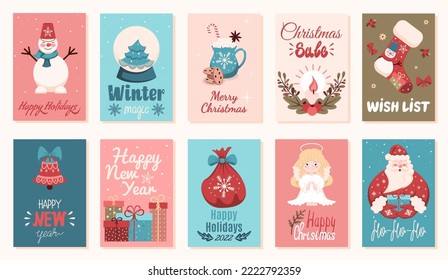 Set of Christmas posters to create a unique design of your holiday card. Christmas characters and festive elements.