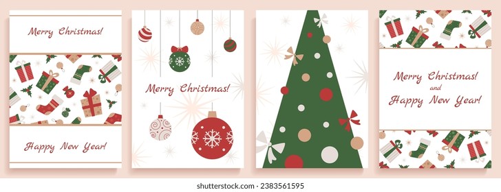 Set of Christmas posters with minimalistic flat drawings of Christmas and New Year symbols, fir tree, toys, gifts, socks and fireworks. Vector illustration.