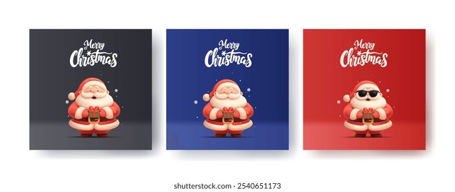 Un conjunto de carteles de Navidades con Santa Claus, 3D. Personajes divertidos de Santa sosteniendo regalos. Para conceptos de diseño de tarjetas de Navidad, saludos, descuentos. Ilustración vectorial.