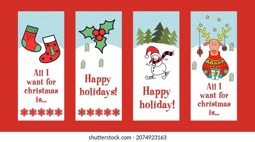 A set of Christmas posters with wishes and cute Christmas cliparts. 