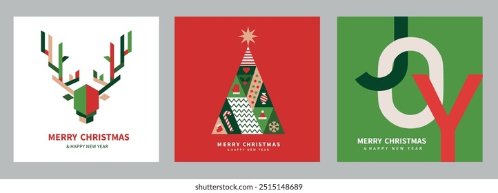 A set of Christmas posts in a geometric style. Christmas tree and deer shape.