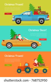 Set of Christmas present web banners. Santa driving cars and tractor  loaded with Christmas tree, sack of gifts and reindeer flat vector illustration. Horizontal concept for holiday sale promotions