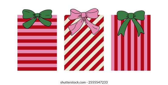 Set of christmas presents with bows. Vector illustration of cute gift boxes and ribbons. Holiday clipart for birthday, christmas, new year, valentines day, etc.