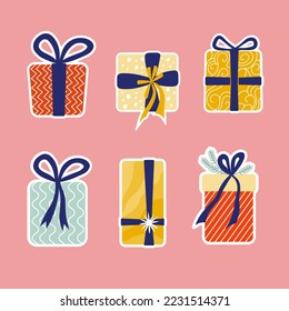 Set de regalos de Navidad en estilo plano. Pegatinas con regalos para Año Nuevo o cumpleaños. Para publicidad, etiquetas o banners.