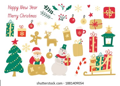Set with Christmas presents, gingerbread, drinks, gift boxes, snowman, Santa and fir-tree. Hand drawn vector illustration and lettering isolated on white. Great for Xmas card and poster design. 