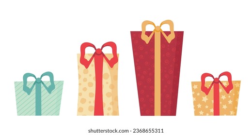 Set of Christmas presents, illustration in flat style. Gift boxes, birthday celebration, icon isolated on white background. Vector design template, card, banner.