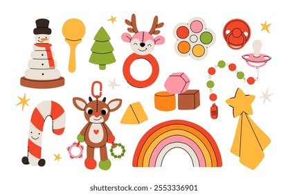 Set of christmas presents for a newborn baby or a toddler. Flat cartoon vector collection of winter toys and baby supplies, snowman pyramid, plush deer, cubes and pacifier.