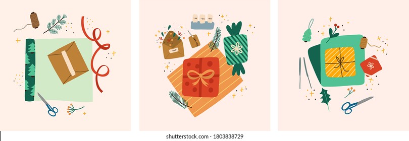 Set of christmas presents wrapping process. Packaging flat lay. Gift box and wrapping paper isolated design element. Xmas and New Year celebration preparation.Vector hand drawn illustration.