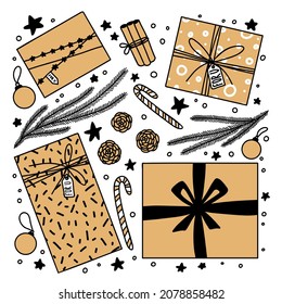 Set of Christmas presents,cinnamon sticks, Christmas balls, fir branches, lollipops and other decorations in three colors