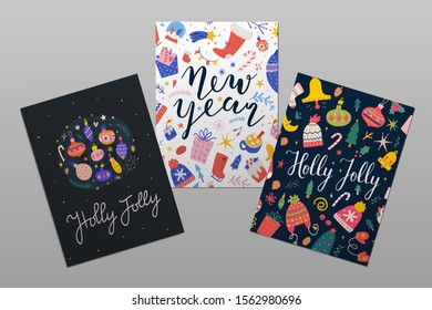 Set of christmas printable card or banner templates with doodle illustrations and handwritten lettering. Holly Jolly and New year party invtations, frame borders with calligraphy congratulations