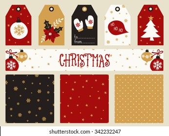 A set of Christmas printables - gift tags, seamless patterns and a banner/ header in red, white, black and gold. Perfect for greeting cards, scrapbooking, party invitations, etc.