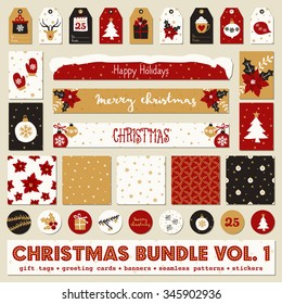 A set of Christmas printables - gift tags, greeting cards, wrapping paper and stickers in red, black, white and gold.