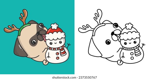 Set Christmas Pug Dog Multicolored and Black and White. Kawaii Clip Art Christmas Puppy. Cute Vector Illustration of a Kawaii Pug for Christmas Stickers. 