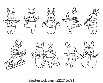 Juego de conejo de Navidad. Colección de lindo conejito de vacaciones con garland, juguetes de árbol, disfraces de vacaciones, regalo. Mascota de bosque. Feliz Año Nuevo. Ilustración vectorial para tarjetas de vacaciones.