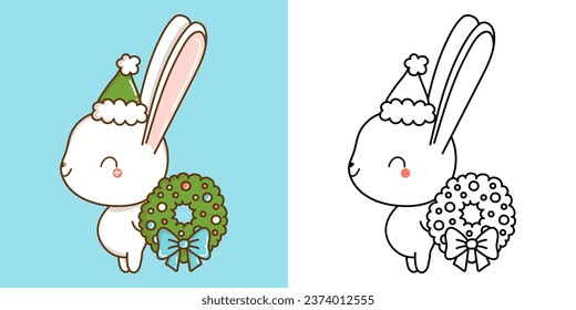 Set Christmas Rabbit Multicolored and Black and White. Kawaii Clip Art Christmas Bunny. Cute Vector Illustration of a Kawaii Bunny for Christmas Stickers. 