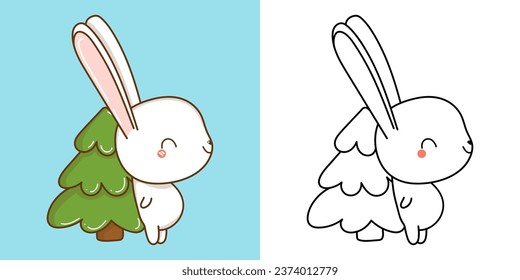 Set Christmas Rabbit Multicolored and Black and White. Kawaii Clip Art Christmas Bunny. Cute Vector Illustration of a Kawaii Bunny for Christmas Stickers. 