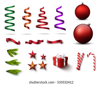 Set of christmas realistic mock up products. Collection from red gift box, glossy and matte red balls, beautiful red ribbons, stars and different confetti. Vector, eps10.