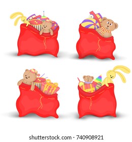 Set Christmas red bags of gifts and toys. Cute Christmas bags Santa Claus. Isolated on a white background. Soft toy Teddy bear and yellow rabbit.