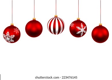 Set Christmas Red Ball. Decorations with ribbon isolated on white background. Vector. Illustration.