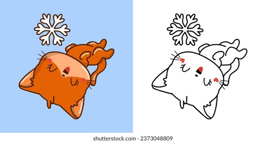 Set Christmas Red Cat Multicolored and Black and White. Kawaii Clip Art Christmas Kitten. Cute Vector Illustration of a Kawaii Animal for Christmas Stickers. 