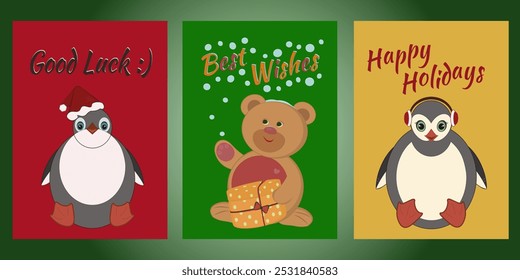 Set of Christmas red, green, yellow cards with different wishes. Vector illustration.Cute penguins and bear.