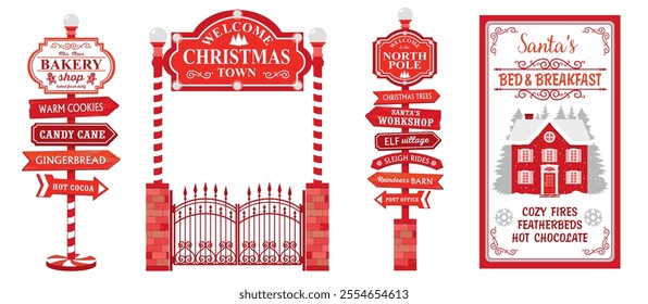 A set of Christmas red signs and road signs. Signs for the Christmas town and the North Pole with arrows. Pointer with inscriptions of Santa workshop, village elf and more. Illustrated vector clipart.