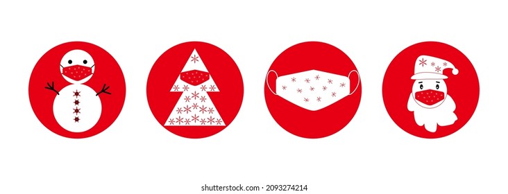 set of Christmas red, white and black pandemic stickers. Santa Claus, Christmas tree, snowman in medical protective masks. icons in flat linear style. Vector illustration isolated on white background