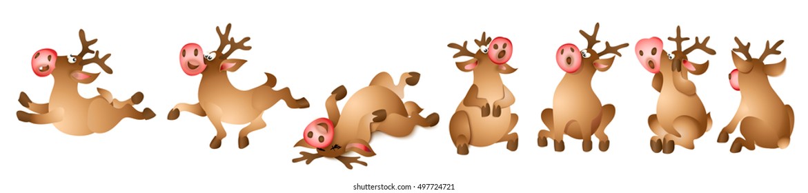 Set of Christmas Reindeer. Cartoon Character of deer. Vector illustration