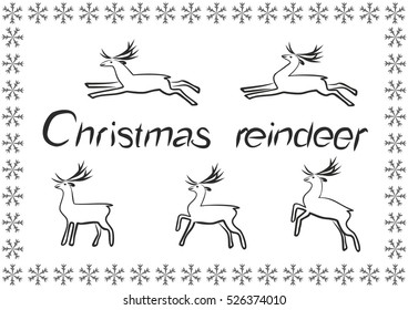 Set of Christmas reindeer. Herbivore.Hand pencil drawing of black lines on a white background. Design for the holiday, new year, Christmas. vector