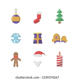 Set of Christmas related items such as Sock, Christmas tree, Christmas tree toy, Gift, Gloves mittens, Gingerbread man, Santa Claus hat and beard, Candle. Illustration isolated on white background.