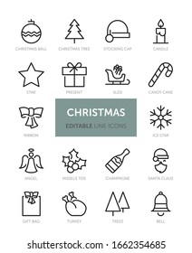 Set of Christmas related vector line icons with editable stroke. Contains icons such as Tree, Ball, Santa, Present and more.