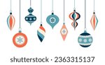 Set of Christmas retro balls. Hand drawn baubles. Xmas holiday decoration elements.