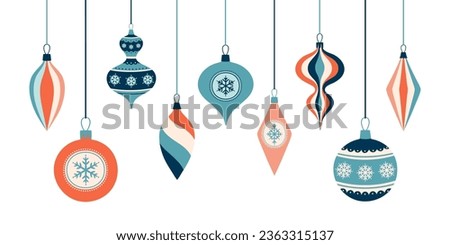 Set of Christmas retro balls. Hand drawn baubles. Xmas holiday decoration elements.