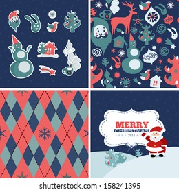 Set Set Set Weihnachtsretro-Karte, Muster und Elemente