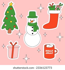 Set christmas retro groovy stickers in 70s-80s style. Sock with gift, mug with cocoa and marshmallow, christmas tree, gift box, snowman. New year vector cartoon symbols.