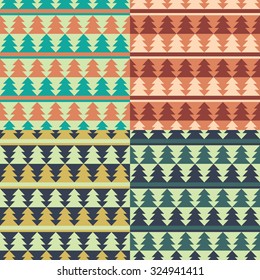 Set of Christmas retro patterns with fir trees. Vector seamless geometric patterns. Design for holiday wrapping paper. Template for textiles.