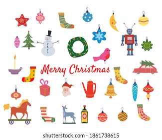 Set Christmas Retro Toys balls decorative elements. Xmas collection vintage elements baubles, toys, gift boxes, garlands, xmas trees. Vector illustration accessories for poster banner card