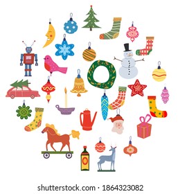 Set Christmas Retro Toys balls decorative elements. Xmas collection vintage elements baubles, toys, gift boxes, garlands, xmas trees. Vector illustration accessories for poster banner card