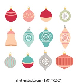 Set of Christmas retro toys for decorating the Christmas tree. New Year's elements. Vector illustration