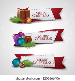 Set of Christmas ribbons with cartoon Christmas icons