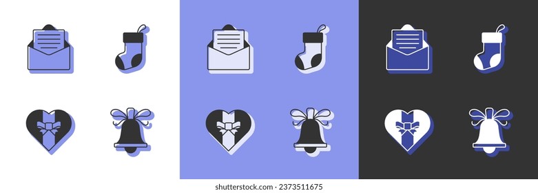 Set Christmas ringing bell, Envelope, Gift box and stocking icon. Vector