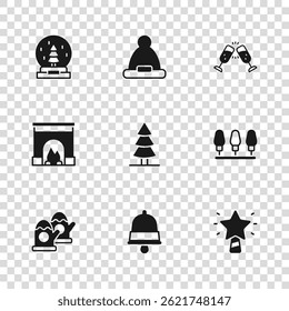Set Christmas ringing bell, lights, star, tree, Glass of champagne, snow globe, Santa Claus hat and Interior fireplace icon. Vector