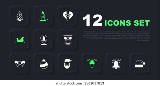 Set Christmas ringing bell, Santa Claus hat, tree, Branch viburnum, santa claus sleigh, ball, Burning candle and beard icon. Vector