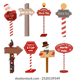 Set of Christmas road sign "Santa stop here",  "North pole" Christmas postcard, New Year, banner lettering.	